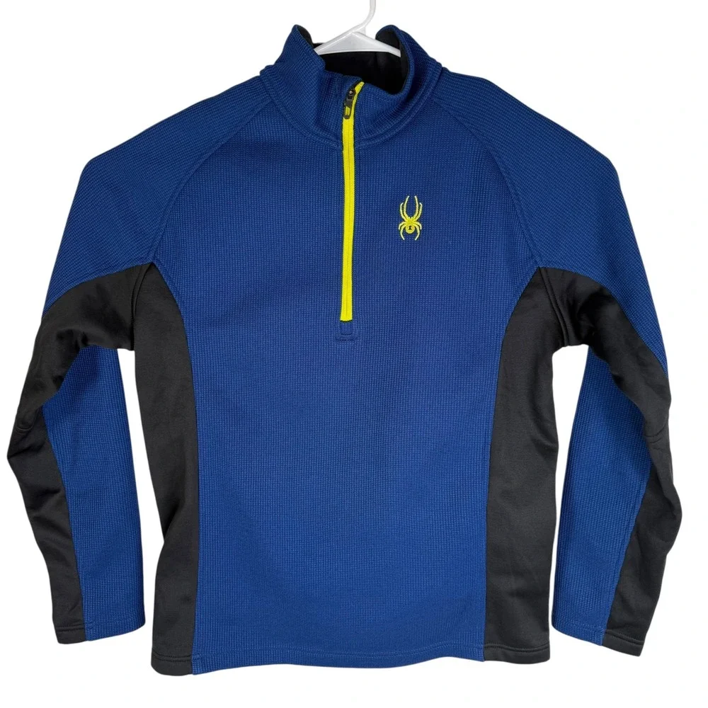 Spyder Mens Quarter Zip Pullover Blue Black Waffle‎ Knit Fleece Large 1299048